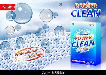 Laundry detergent ad poster. Stain remover package design for advertising with soap bubbles and closeup fiber structure. Washing detergent banner with clean shirt. Vector illustration Stock Vector