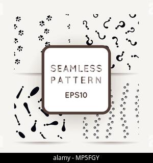 Set of seamless patterns of cat or dog footprint, letter symbols. Stylish vector prints. Stock Vector