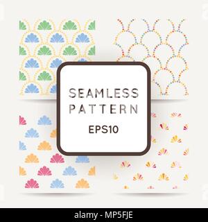 Collection of vector abstract seamless wavy pattern with dotted geometrical fish scale layout with flowers. Textile print, page fill, batik, texture Stock Vector