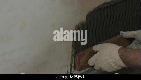 closeup worker applying brick cuts tile on the wall Stock Photo