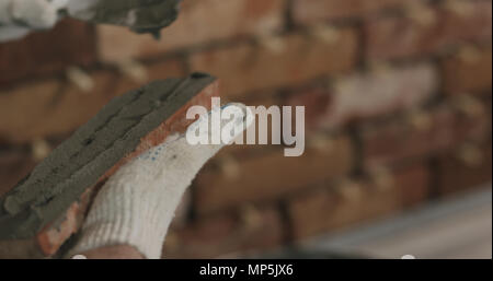closeup worker applying concrete glue to brick cuts tile Stock Photo