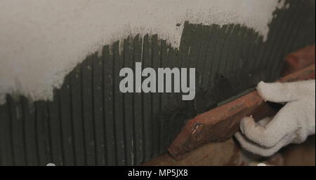 closeup worker applying brick cuts tile on the wall Stock Photo