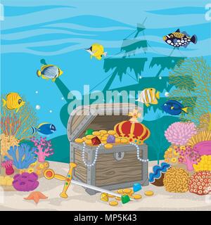 Cartoon underwater landscape with treasure chest and sea animals. Coral ...