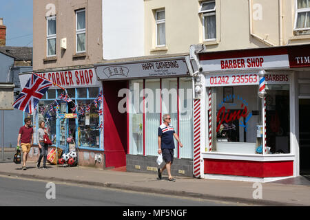 Red, White, and blue, shops, and man's clothes. Taken on the day of Prince Harry's Royal Wedding. Bath Road, Cheltenham, Gloucestershire. Stock Photo