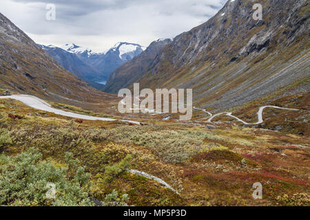 Gamle Strynefjellsvegen National Tourist Road ascending the Videfossen valley, Norway. Stock Photo