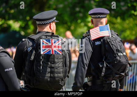Royal Wedding. Police with flags. Policemen with a Union Jack flag and one with a United States American flag. In Windsor Great Park, The Long Walk Stock Photo