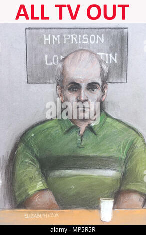 ALL TV OUT Court artist sketch by Elizabeth Cook of Joseph Isaacs, 39, who has appeared via video at Taunton Crown Court accused of attempting to murder 96-year-old D-Day veteran Jim Booth. Stock Photo