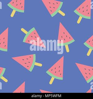 Vector Fresh Slice of Watermelon Seamless Pattern on Blue Background Stock Vector