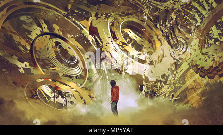 boy standing and looking at broken golden gear wheels, digital art style, illustration painting Stock Photo
