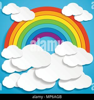 Abstract rainbow and clouds on sky. Paper art style. Vector illustration. Stock Vector