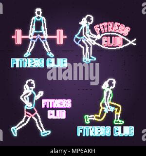 Set of neon fitness club sign on brick wall background. Vector illustration. Neon design for fitness centers emblems, gym signs related health and gym business. Advertisement sign. Stock Vector