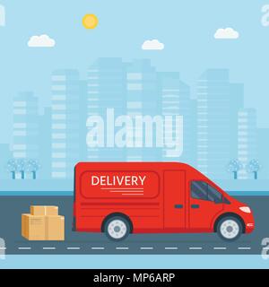 Flat style vector illustration delivery service concept. Truck with box container,  shop shipping. Vector flat conceptual design. Stock Vector