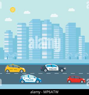 Police patrol on a road with police car, officer, city, nature landscape. Policeman in uniform, vehicle with rooftop flashing lights. Flat vector illu Stock Vector