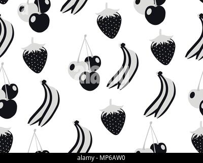 Fruit seamless pattern. Summer background with bananas, strawberries and cherries. Tropical design. Vector illustration Stock Vector