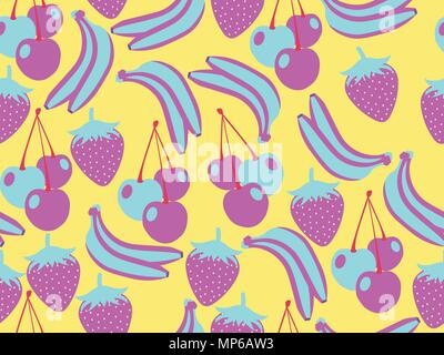 Fruit seamless pattern. Summer background with bananas, strawberries and cherries. Tropical design. Vector illustration Stock Vector