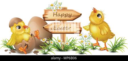Easter card with cute Chicken Vector. cracked eggs, wooden sign, place for text Stock Vector