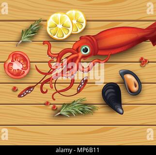 Squid and mussels seafood on wood background. Vector realistic detailed illustration Stock Vector
