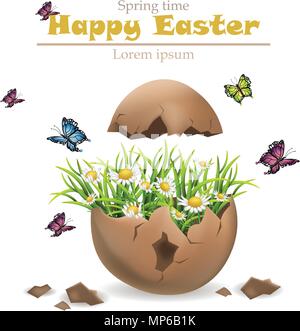 Happy Easter card Vector. Cracked egg and flowers illustration Stock Vector