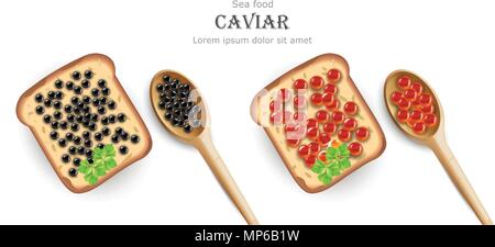 Caviar Vector realistic. Red and black caviar toasts. Top view 3d detailed illustration Stock Vector