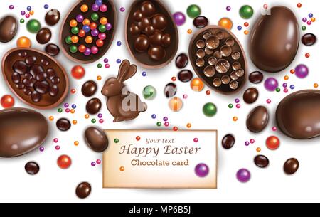 Happy Easter card with chocolate bunny and eggs. Vector 3d realistic illustration Stock Vector
