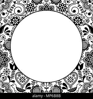 Scandinavian folk heart design greeting card or birthday or wedding invitation, floral vector pattern in black and white