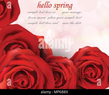 Hello spring red roses Vector. Romantic passional greeting card template Stock Vector