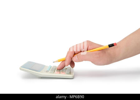 Male hand manipulating a calculator. Stock Photo