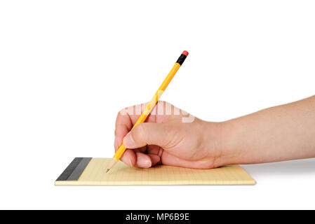 A man hand holding a pencil on top of notes. Stock Photo