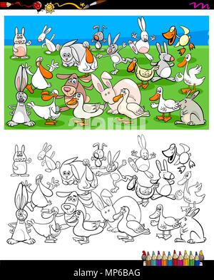 Cartoon Illustration of Ducks and Rabbits Farm Animal Characters Group Coloring Book Activity Stock Vector