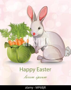 Happy Easter card with rabbit and carrots Vector. Green vase bouquet Stock Vector