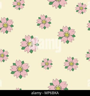 Seamless vector sakura on cream random pattern in tattoo stylefor wrapping, craft, decor Stock Photo