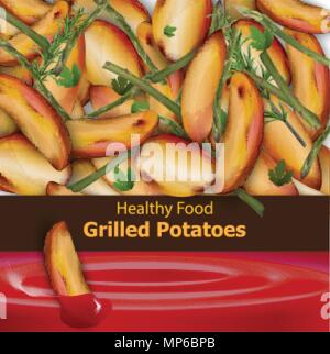Grilled potatoes background Vector. Menu template realistic illustration Stock Vector