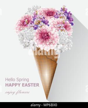 Hello spring flowers bouquet in an ice cream cone. Vector Beautiful composition springtime card Stock Vector