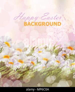 Happy Easter watercolor flowers background Vector illustration Stock Vector