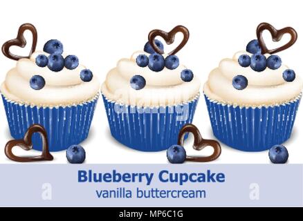 Blueberry cupcakes Vector realistic. 3d detailed dessert illustration Stock Vector
