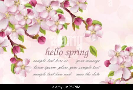 Cherry flowers Spring background Vector. Pink floral branches with place for text Stock Vector