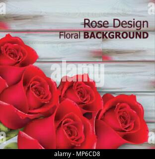 Red roses on wooden background Vector realistic. Beautiful floral background Stock Vector