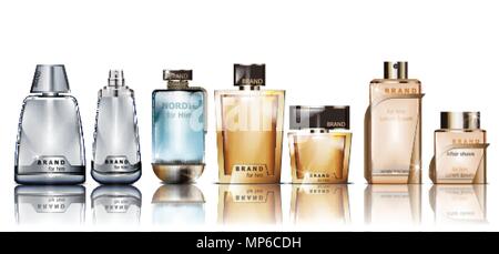 Set of realistic bottles with dropper. Mock up vector flacons ...