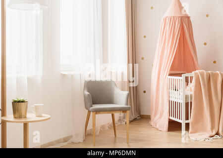 Wooden Crib With Dirty Pink Canopy Standing In Bright Nursery Room