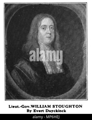 . English: Oil Portrait of William Stoughton, Lieut. Governor of Massachusetts, circa 1685, painted by Evert I. Duychinck (1632 - 1703), 75.5cm x 63.2cm (29 3/4' x 24 7/8'), acquired by the Boston Athenaeum in 1920. (For details, see: http://collections.si.edu/search/tag/tagDoc.htm?recordID=npg B.A.UR.102&hlterm=record ID%%%%%%%%%%%%%%%%3Anpg B.A.UR.102) This black-and-white reproduction was published in 'Old-time New England,' (The Bulletin of the Society for the Preservation of New England Antiquities), Volume XI, No. 4, Serial No. 24 (April 1921), in an advertisement by F. W. Bayley & Son,  Stock Photo