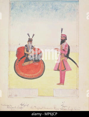 . English: Maharaja Ranjit Singh (1799-1839) seated with Dhian Singh (1796-1843) standing before him. Inscribed in Persian characters and in English. Pencil and watercolour, 1838-39 . between 1838 and 1839. Unknown 845 Maharaja Ranjit Singh (1799-1839) Stock Photo