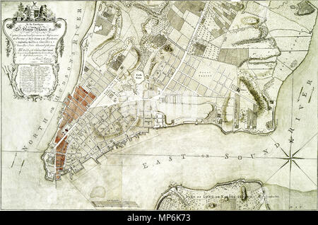 . A 1776 map (labeled 'Survey'd in 1767') with contemporary markings indicating the area affected by the 1776 Great Fire of New York. The caption reads: To His Excellency Sr. Henry Moore, Bart., captain general and governour in chief, in & over the Province of New York & the territories depending thereon in America, chancellor & vice admiral of the same, this plan of the city of New York, is most humbly inscribed / by His Excellency's most obedient servant, Bernd. Ratzen [sic], lieutt. in the 60th Regt. ; T. Kitchin sculpt. 1776.   Bernard Ratzer  (1700–)    Alternative names Bernard Ratzen  D Stock Photo