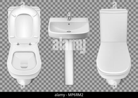 Bathroom interior toilet and washbasin realistic mockup. Closeup look at white toilet bowl and bathroom sink. 3d vector illustration isolated on transparent background Stock Vector