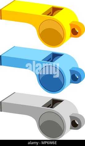 Colorful cartoon referee whistle set. Stock Vector