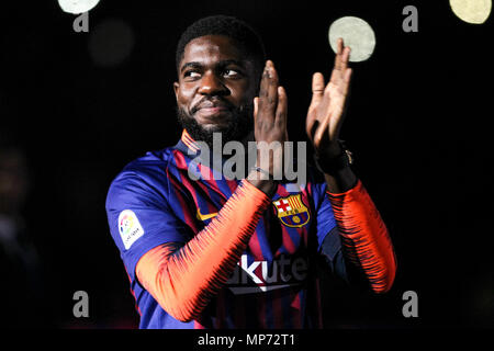 Barcelona, 20th May:  Samuel Umtiti of FC Barcelona during the 2017/2018 LaLiga Santander celebration at Camp Nou on May 20, 2018 in Barcelona, Spain. Stock Photo