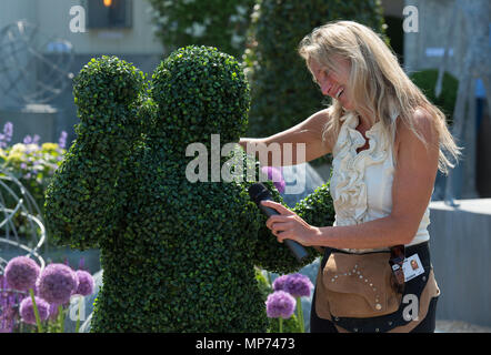 Royal Hospital Chelsea, London, UK. 21 May, 2018. Press day for the RHS Chelsea Flower Show 2018. Photo: Two large Topiary Hedgemen spring to life to surprise visitors to the A Place in The Garden tradestand. Credit: Malcolm Park/Alamy Live News. Stock Photo