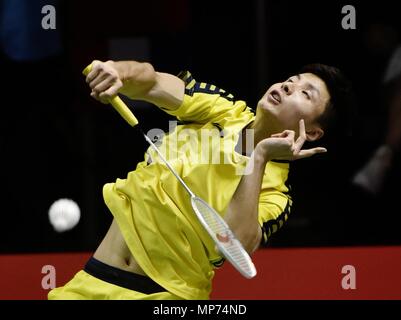 Bangkok, Thailand. 21st May, 2018. Shi Yuqi of team China competes against Lucas corvee of team France during the BWF Thomas Cup 2018 Group A match in Bangkok, Thailand, on May 21, 2018. Credit: Wang Shen/Xinhua/Alamy Live News Stock Photo