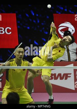 Bangkok, Thailand. 21st May, 2018. Liu Cheng (R) and Zhang Nan of team China compete against Thom Gicquel and Ronan Labar of team France during the BWF Thomas Cup 2018 Group A match in Bangkok, Thailand, on May 21, 2018. Credit: Wang Shen/Xinhua/Alamy Live News Stock Photo