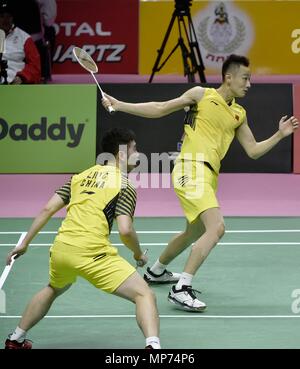 Bangkok, Thailand. 21st May, 2018. Liu Cheng and Zhang Nan (R) of team China compete against Thom Gicquel and Ronan Labar of team France during the BWF Thomas Cup 2018 Group A match in Bangkok, Thailand, on May 21, 2018. Credit: Wang Shen/Xinhua/Alamy Live News Stock Photo