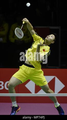 Bangkok, Thailand. 21st May, 2018. Shi Yuqi of team China competes against Lucas corvee of team France during the BWF Thomas Cup 2018 Group A match in Bangkok, Thailand, on May 21, 2018. Credit: Wang Shen/Xinhua/Alamy Live News Stock Photo